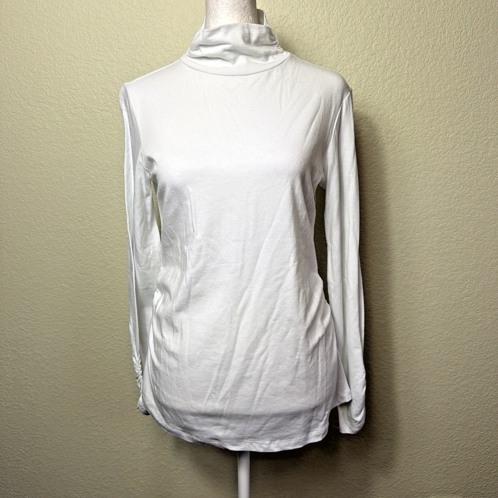 Isela Turtleneck Top Women S White Ruched Side Stretchy Cotton Rayon Long Sleeve